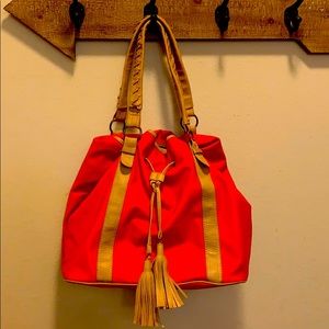 Red and tan leather purse